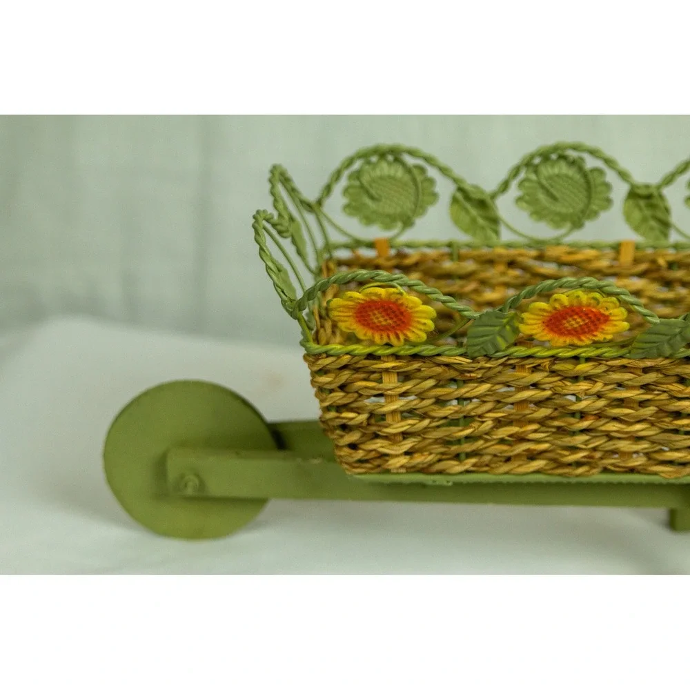 Vintage Style Wicker Wheelbarrow Planter Sunflower Metal Garden Decor Green